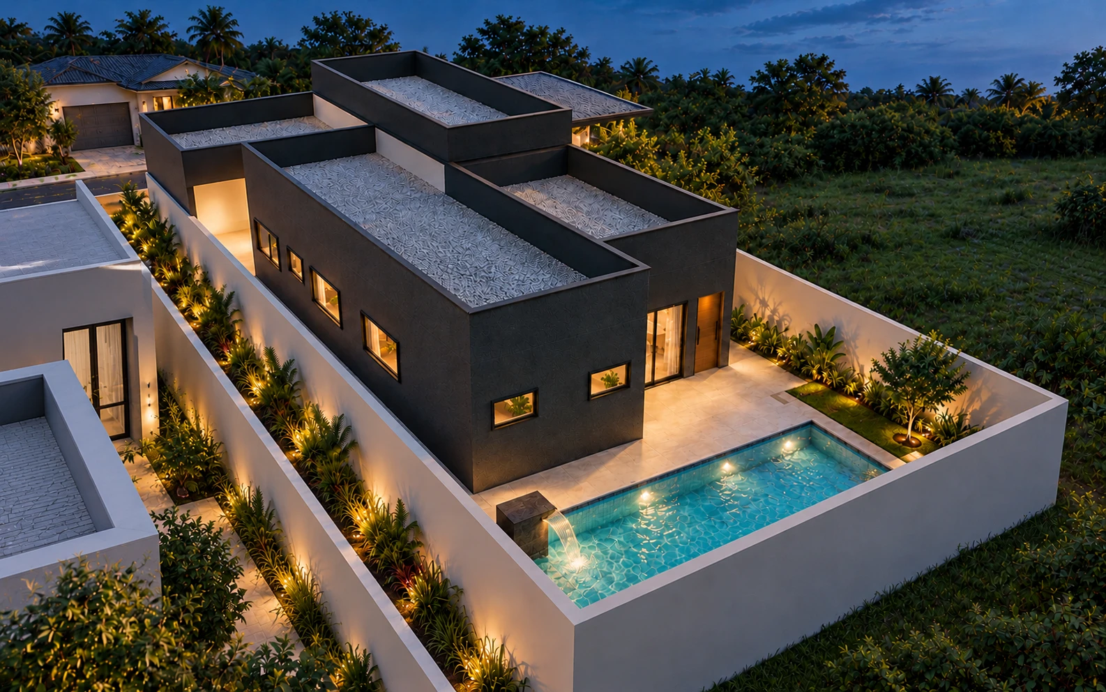 Perspectiva ilustrativa da piscina e da área externa nos fundos da casa