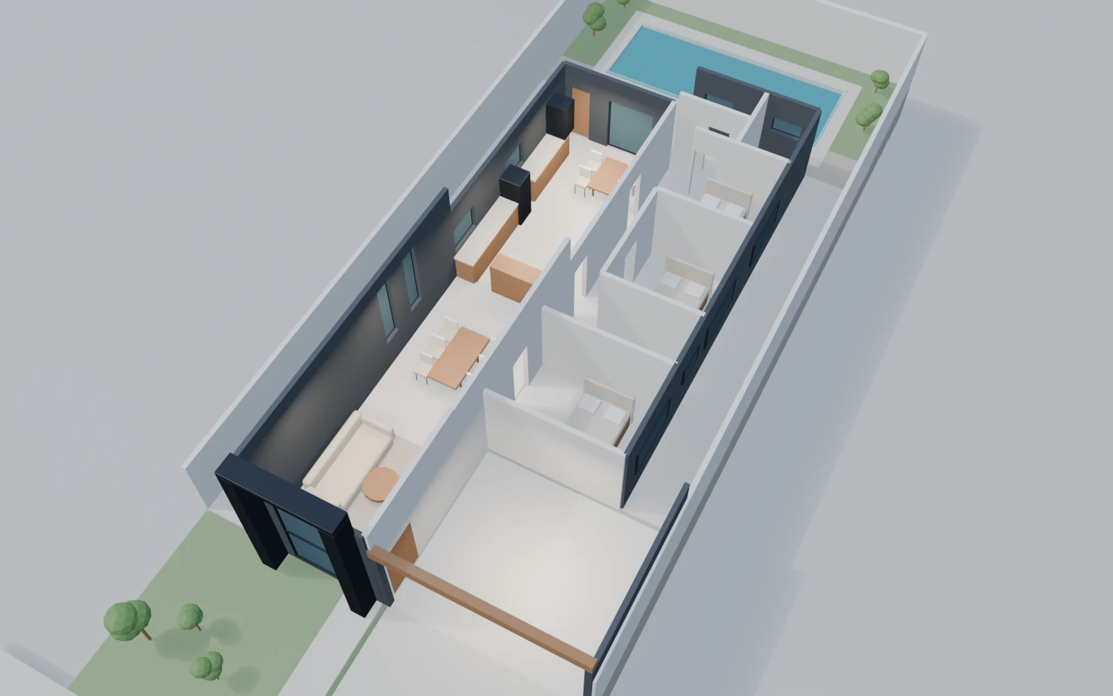 Maquete mobiliada da casa vista sem a cobertura