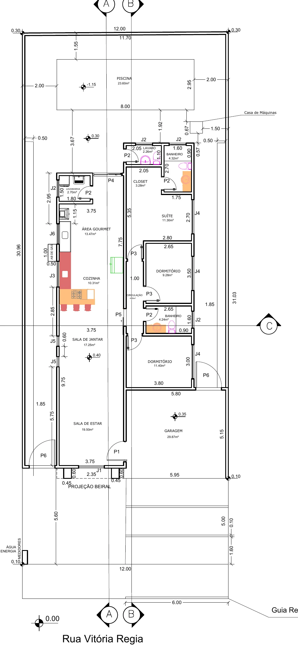 Planta arquitetônica com distribuição dos cômodos, medidas e piscina